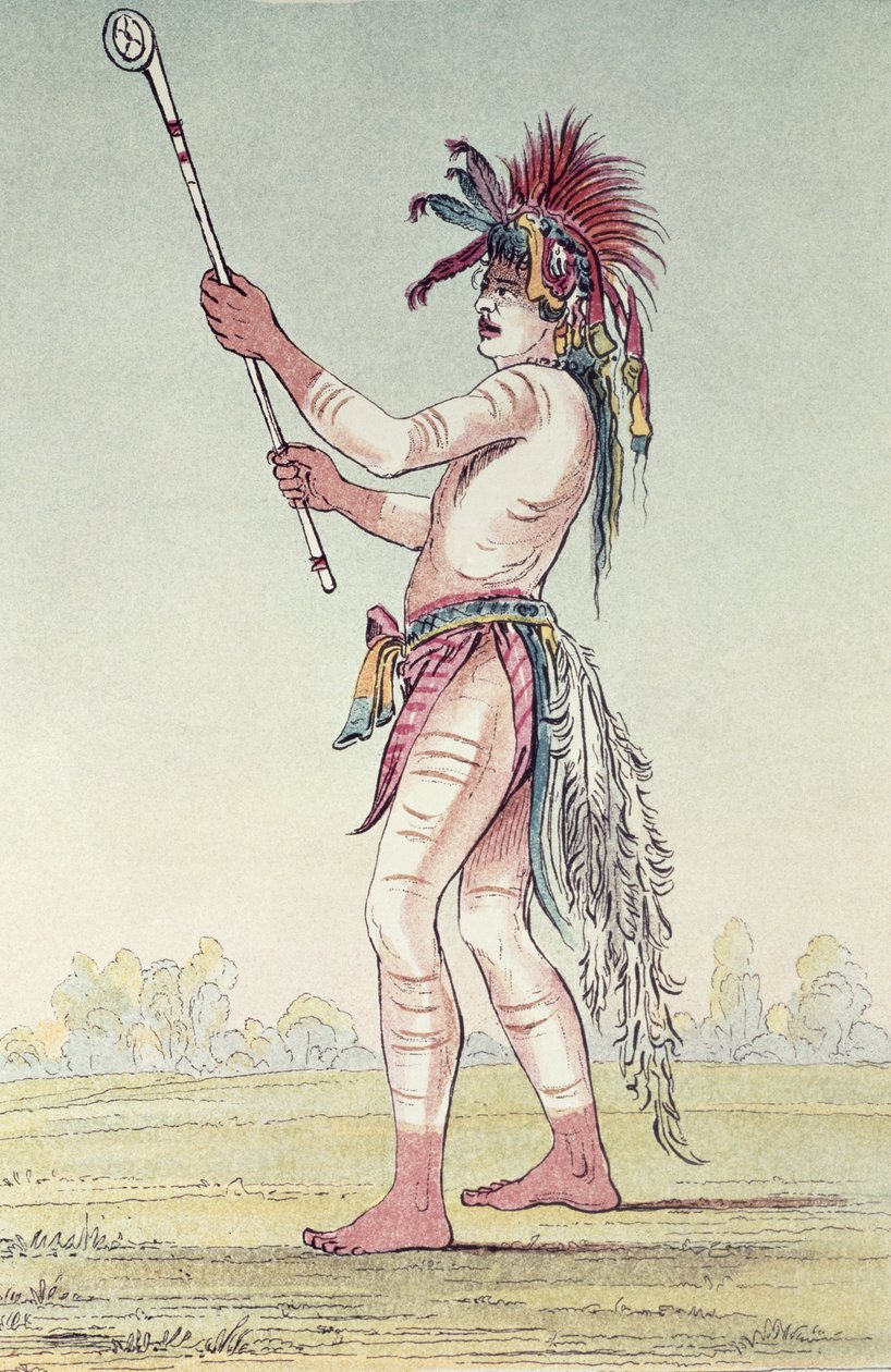 Piłkarz Sioux We-Chush-Ta-Doo-Ta, „The Red Man” (ręcznie kolorowana litografia) autorstwa George Catlin