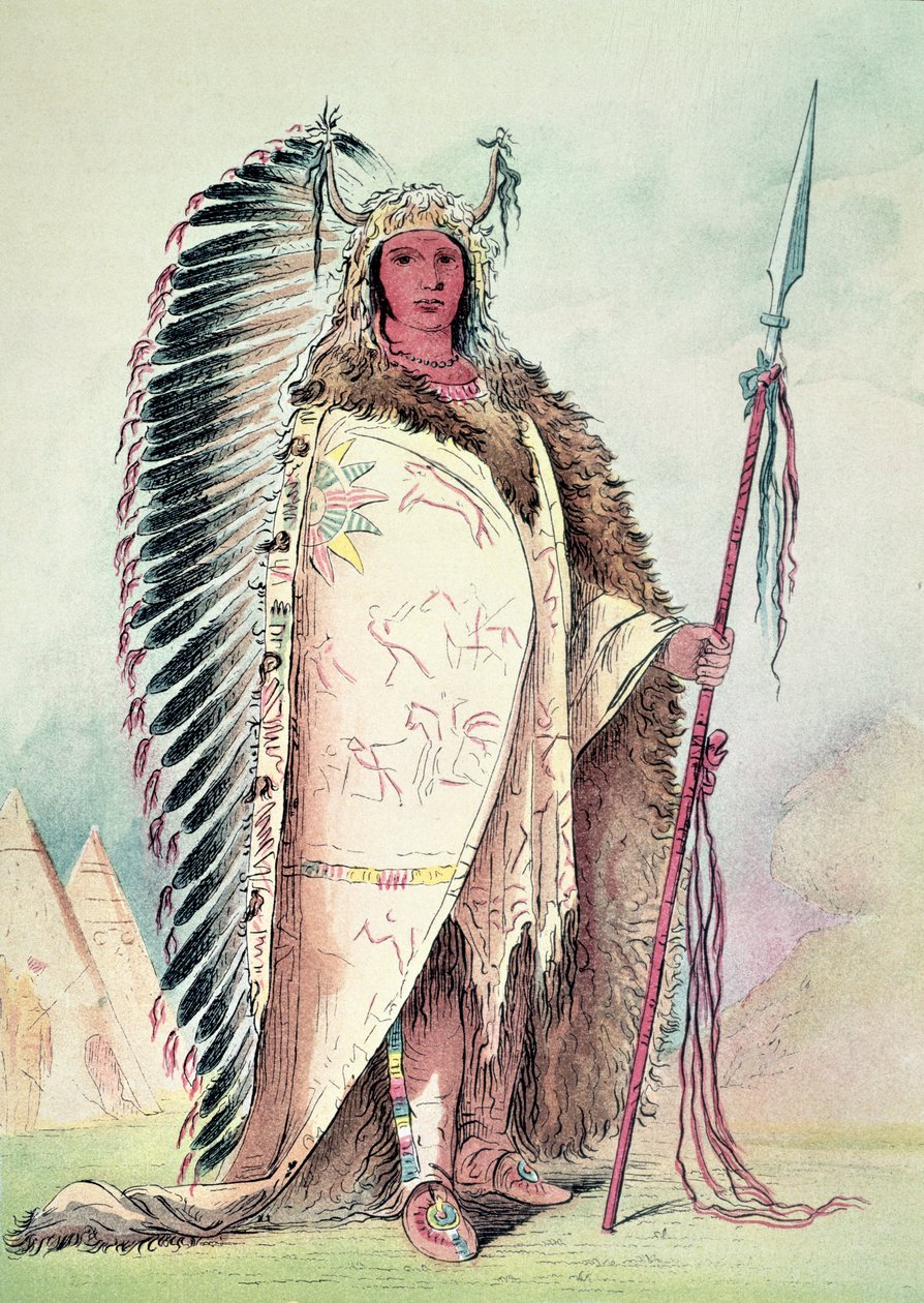 Wódz Siuksów, „Czarna skała” (litografia ręcznie kolorowana) autorstwa George Catlin
