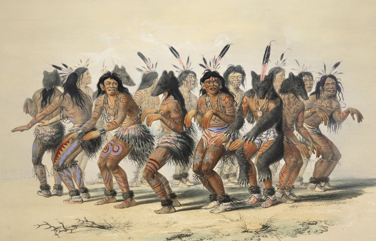 Taniec niedźwiedzia (szczegół), z Catlins North American Indian Portfolio. Sceny myśliwskie i rozrywki Gór Skalistych i Prerii Ameryki, wyd. 1845 autorstwa George Catlin