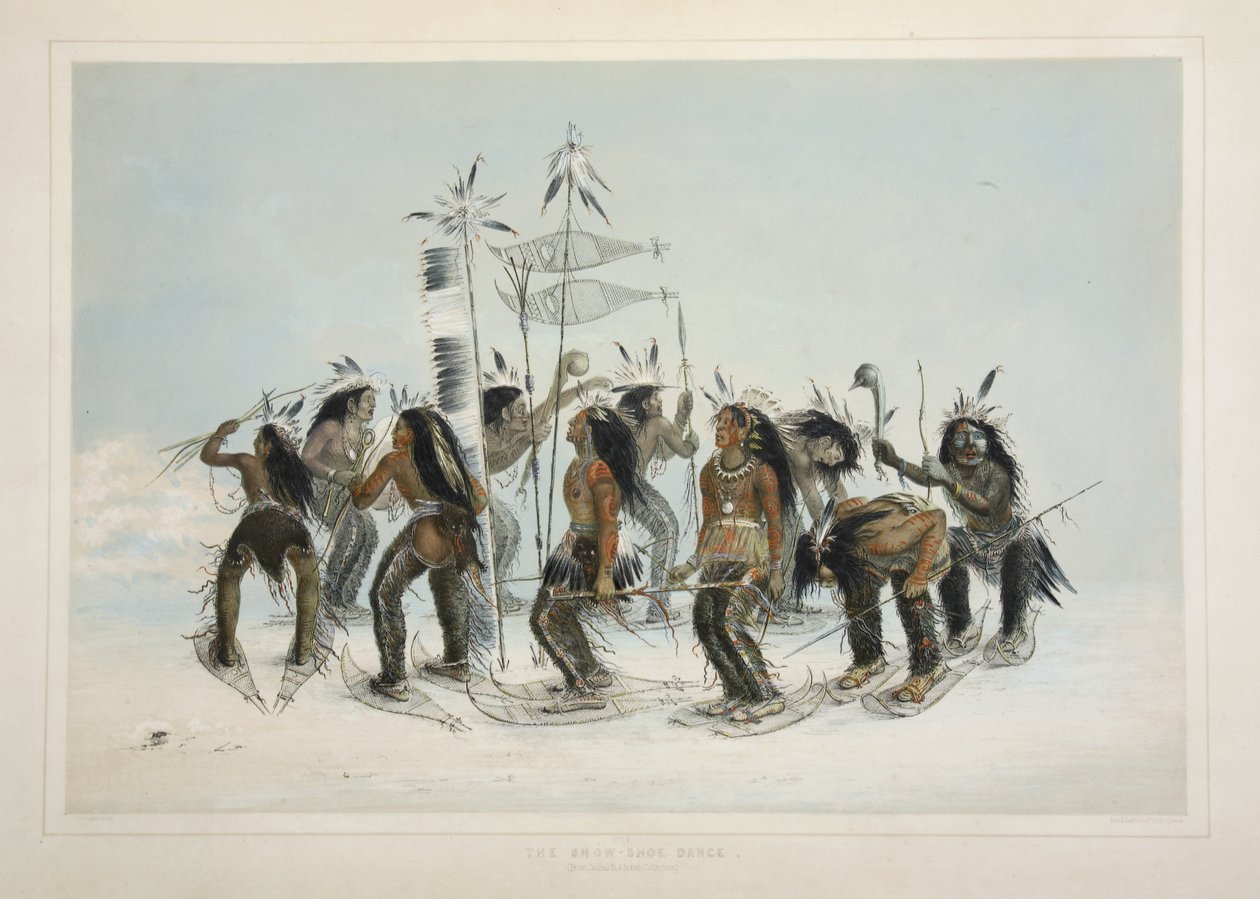 Taniec w butach śnieżnych, z portfolio Catlins North American Indian. Sceny myśliwskie i rozrywki Gór Skalistych i Prerii Ameryki, wyd. 1845 autorstwa George Catlin