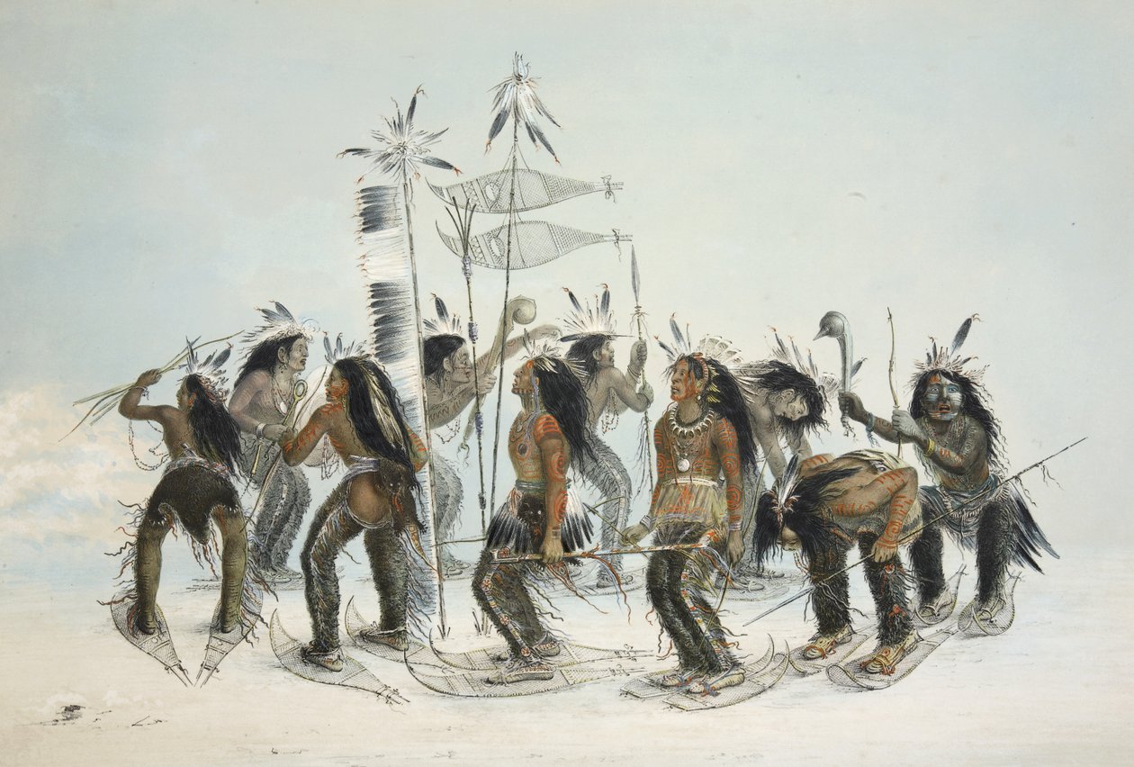 Taniec w butach śnieżnych, z portfolio Catlins North American Indian. Sceny myśliwskie i rozrywki Gór Skalistych i Prerii Ameryki, wyd. 1845 autorstwa George Catlin