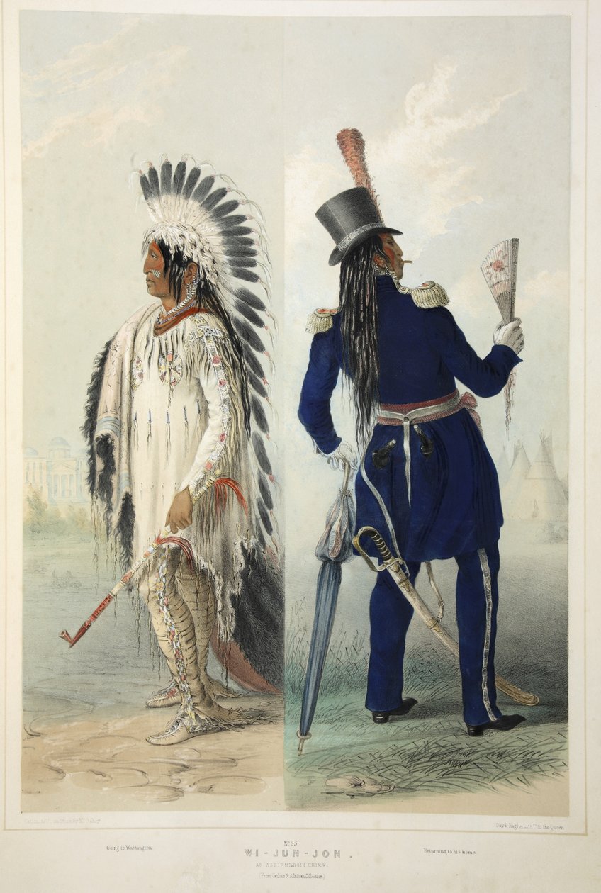 Wi-Jun-Jon, wódz Assinneboin, z Catlins North American Indian Portfolio. Sceny myśliwskie i rozrywki Gór Skalistych i Prerii Ameryki, wyd. 1845 autorstwa George Catlin