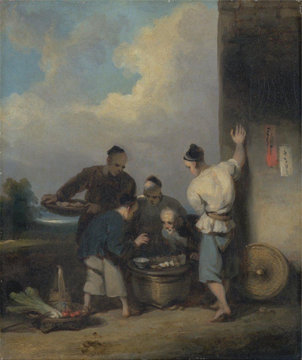 Kulisy wokół stoiska sprzedawców żywności autorstwa George Chinnery