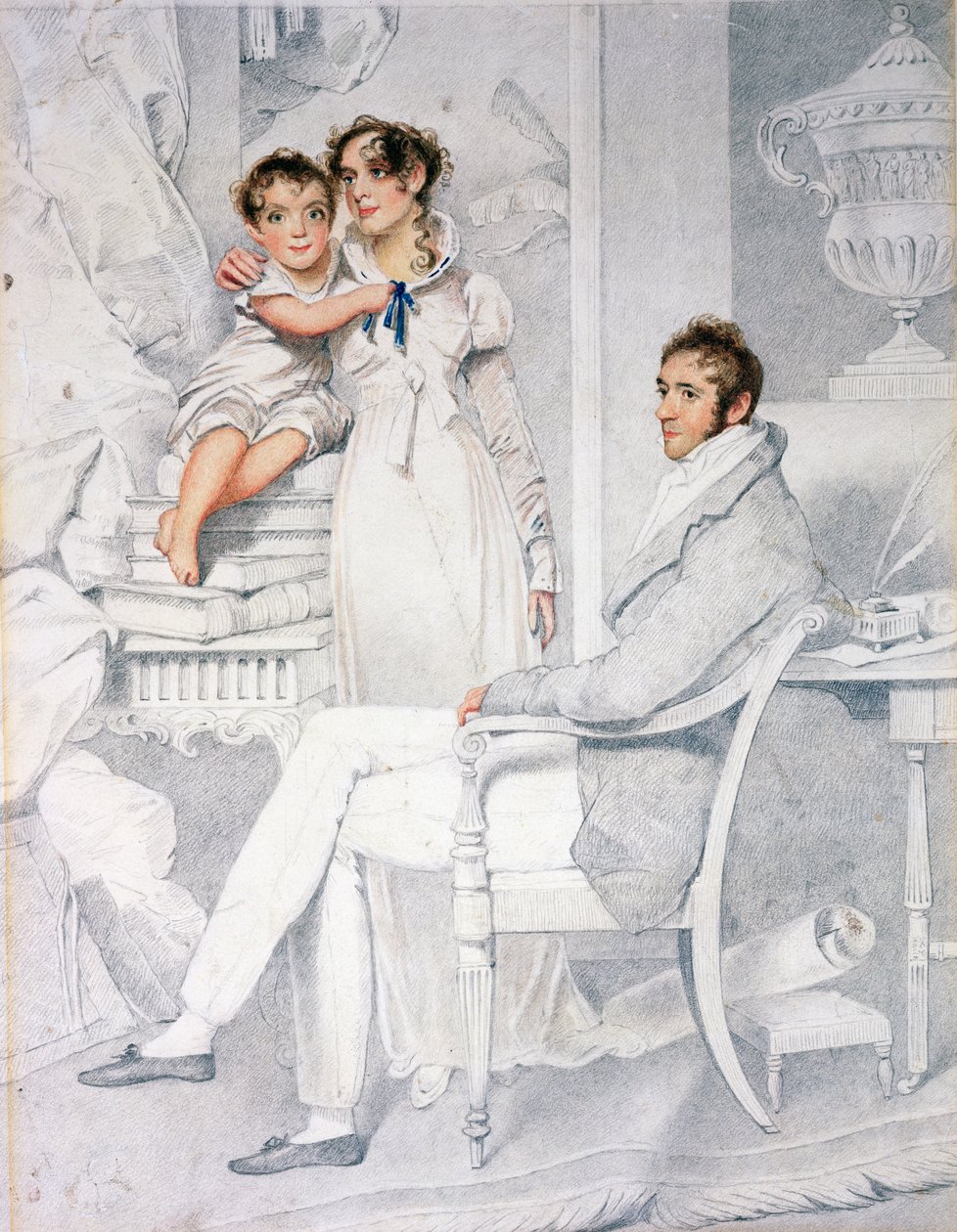 Państwo Richmond Thackeray i ich syn, William Makepeace Thackeray (1811-63) 1814 (ołówek i toaleta na papierze) autorstwa George Chinnery