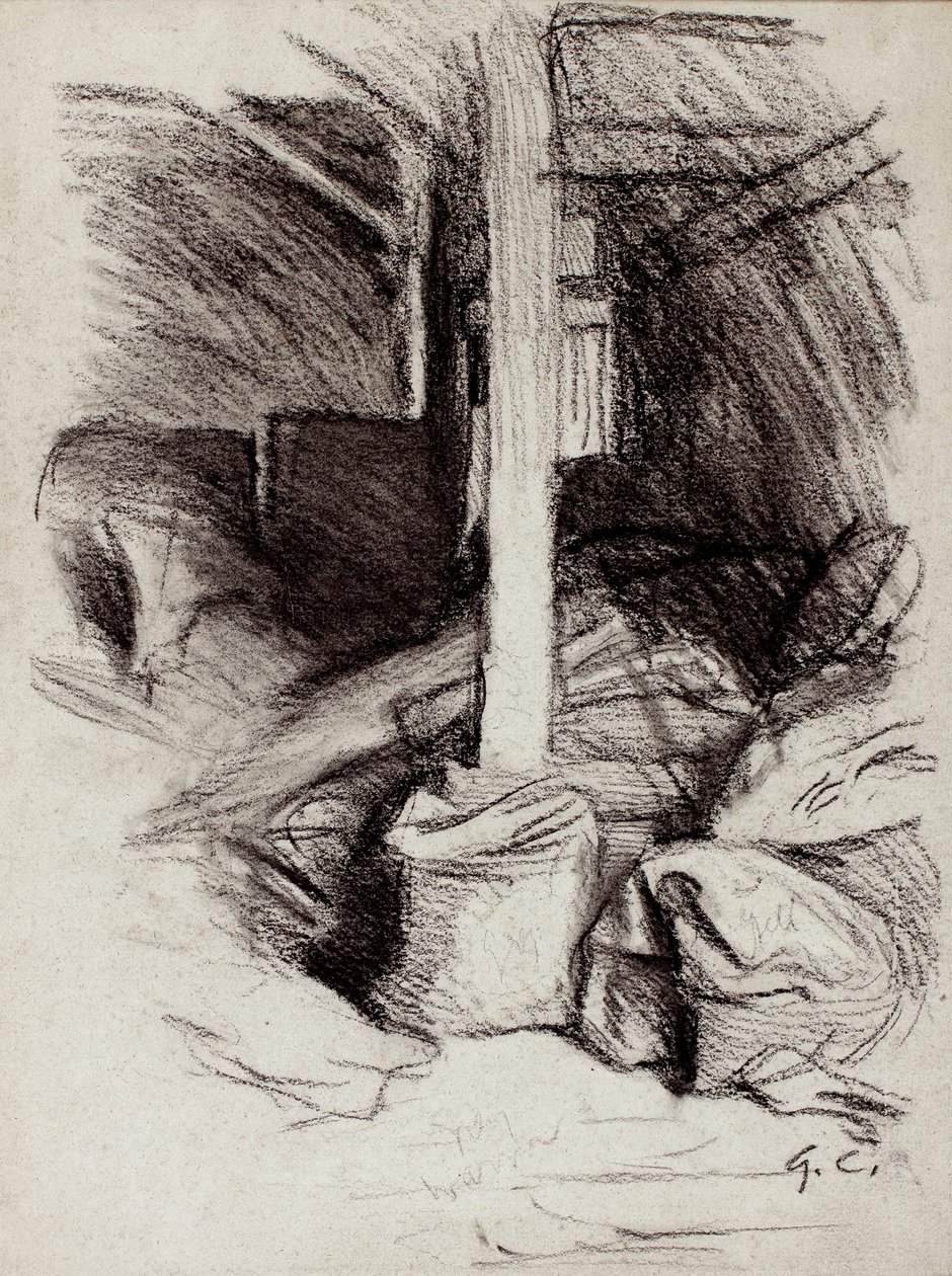 Wnętrze stodoły (węgiel drzewny na papierze) autorstwa George Clausen