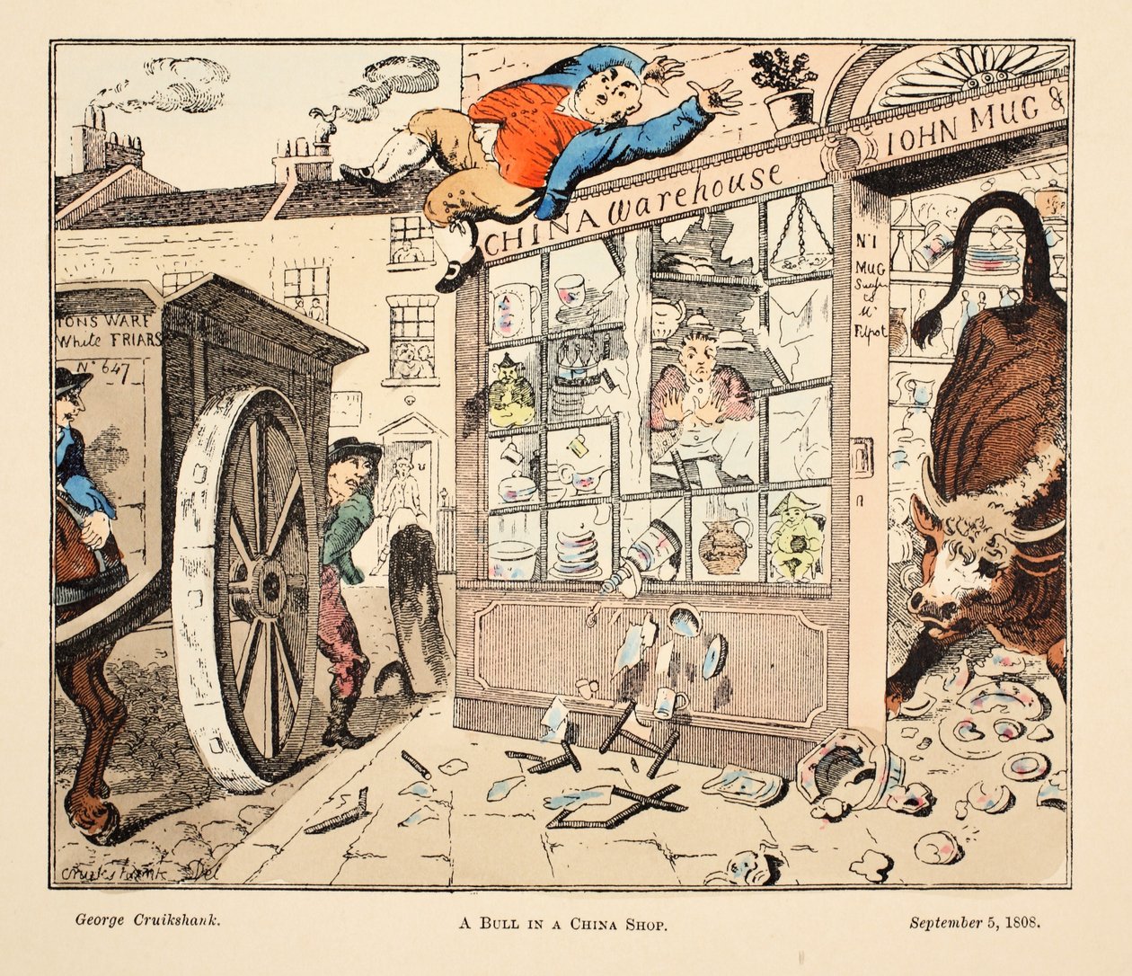 Byk w chińskim sklepie, wyd. 1808 (grawerowanie ręcznie kolorowane) autorstwa George Cruikshank