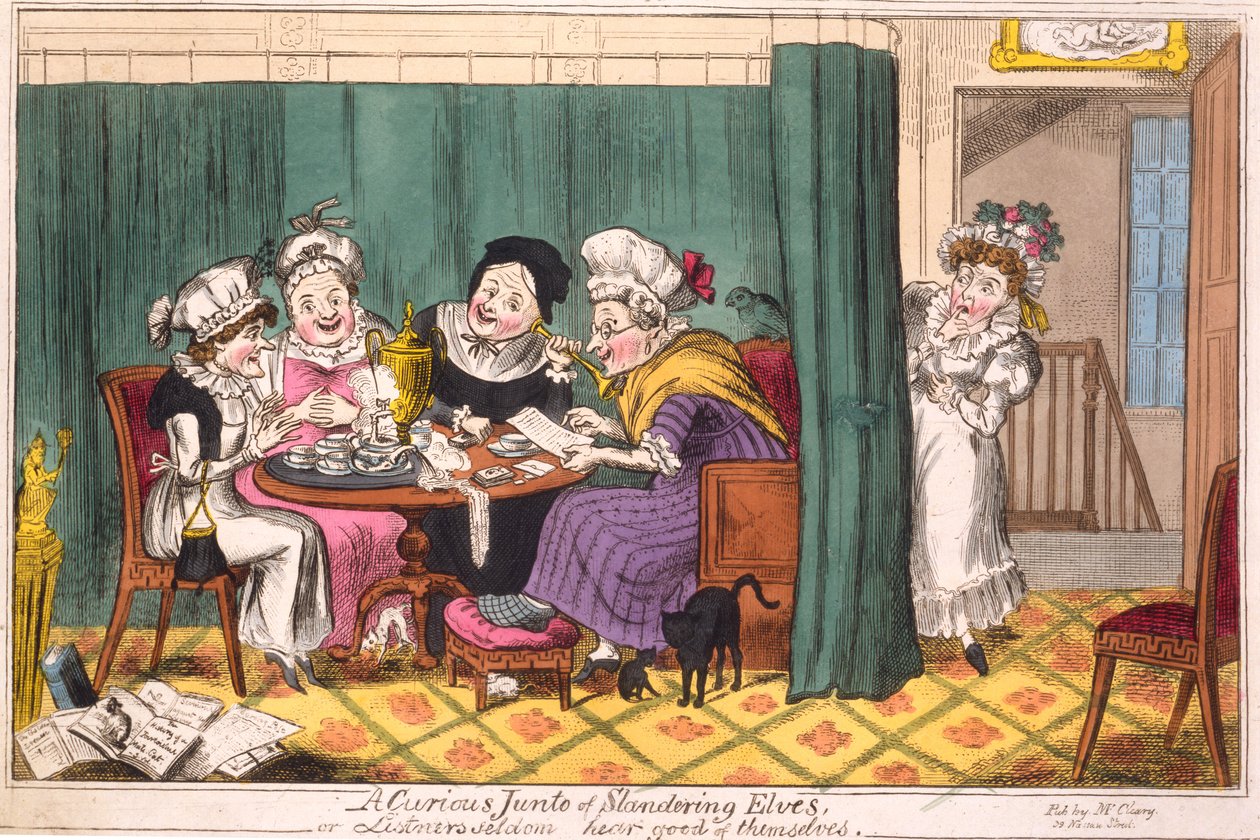 Ciekawy Junto oczerniających elfów lub, Słuchacze rzadko słyszą o sobie, 1817 (ręcznie kolorowane grawerowanie) autorstwa George Cruikshank