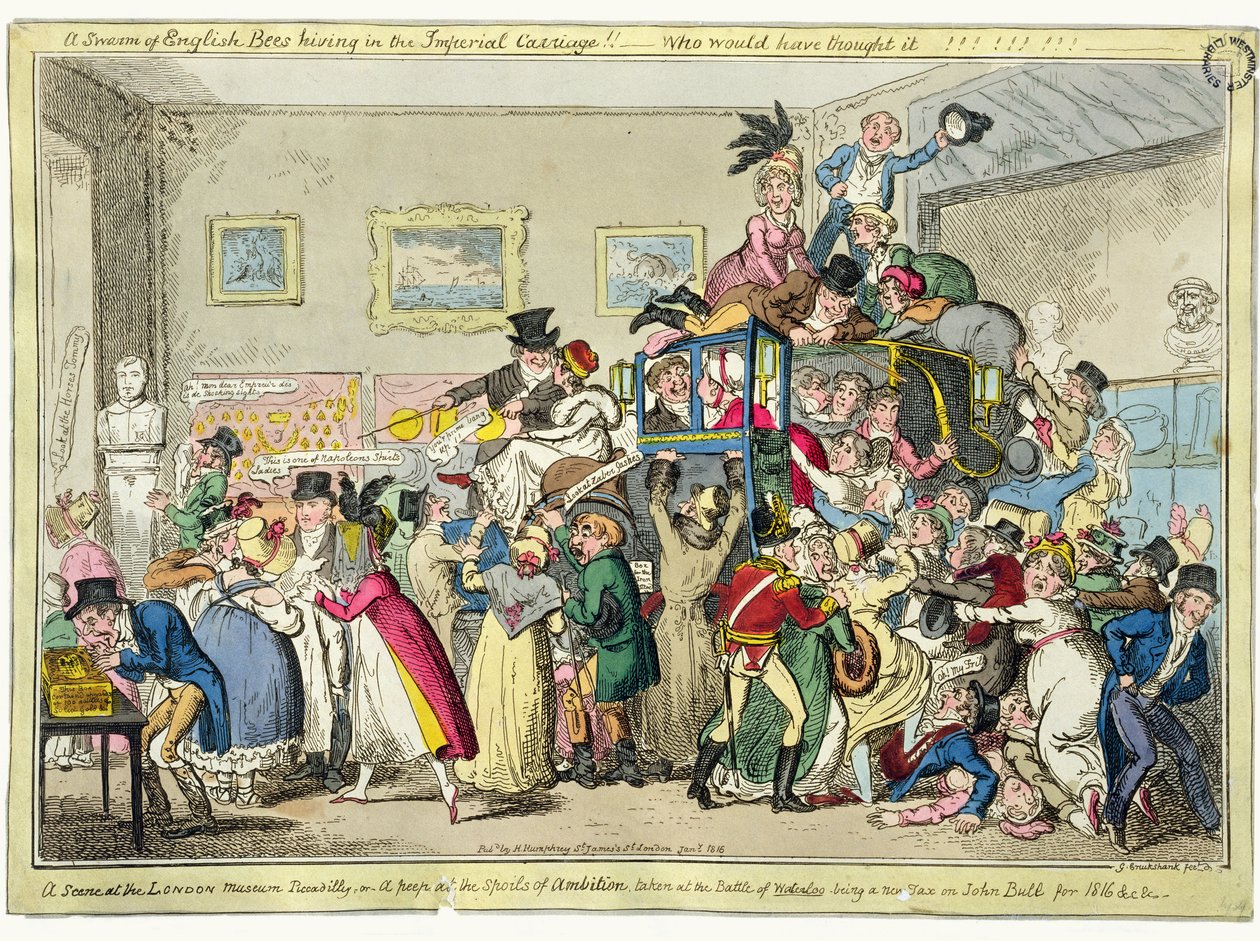 Rój angielskich pszczół w cesarskim powozie!! - Kto by o tym pomyślał!! Scena w Muzeum Londyńskim, Piccadilly lub Peep at the Spoils of Ambition zrobione w bitwie pod Waterloo, autorstwa George Cruikshank
