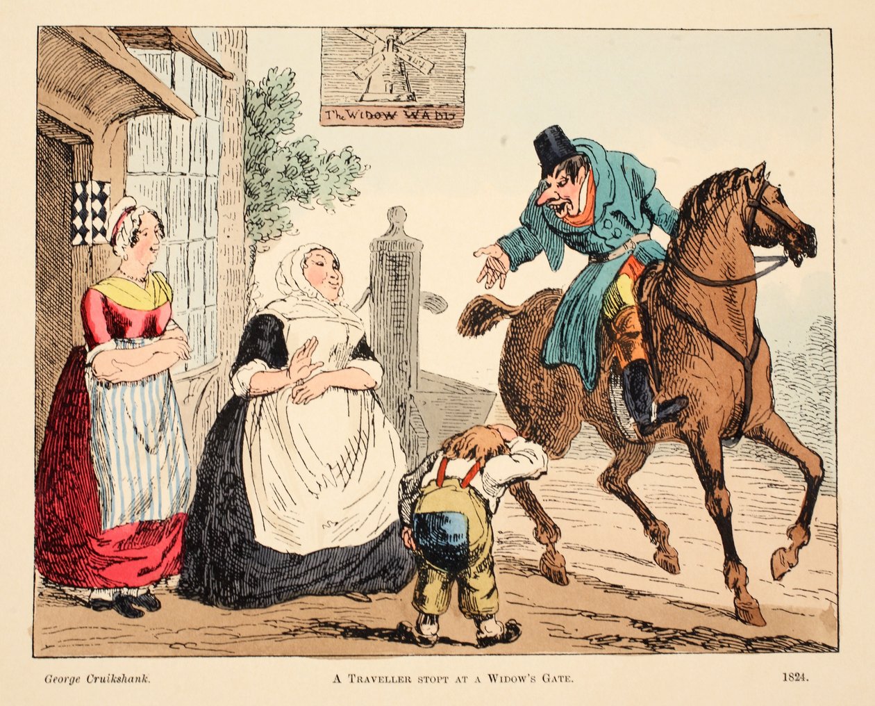 Podróżnik zatrzymuje się przy Bramie Wdowy, wyd. 1824 (grawerowanie ręcznie kolorowane) autorstwa George Cruikshank