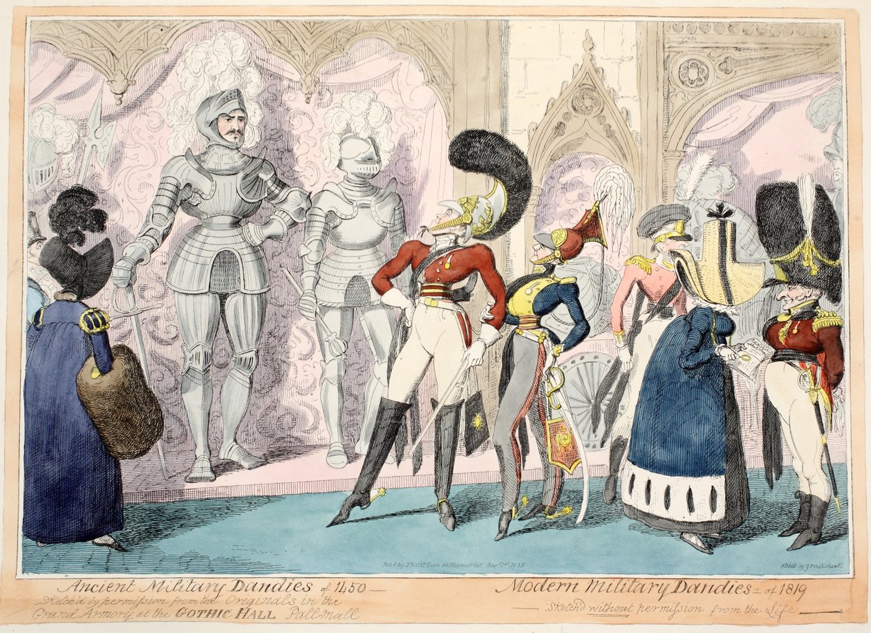 Starożytni wojskowi z 1450 r., Współcześni wojskowi z 1819 r., 1835 r. (rycina ręcznie kolorowana) autorstwa George Cruikshank