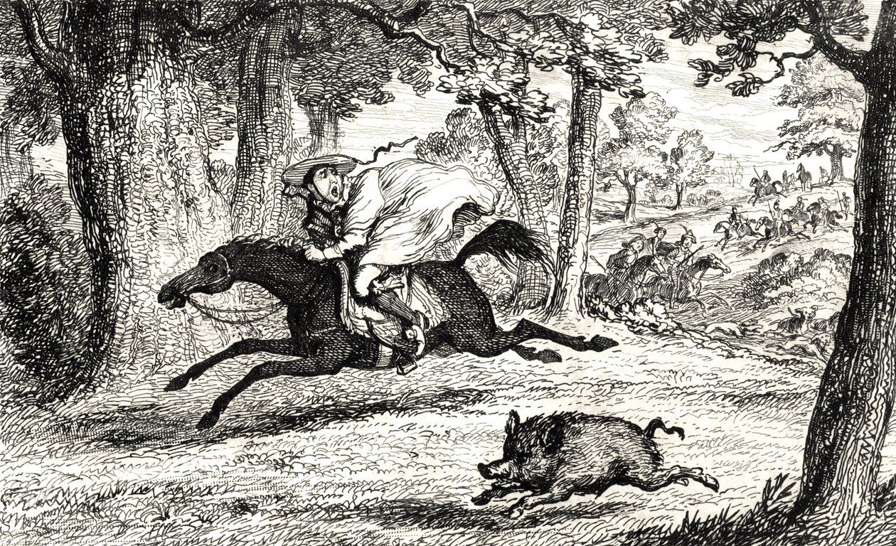 Kardynał Jan z Belue goniący dzika, ilustracja z „Quentina Durwarda” Sir Waltera Scotta (1771-1832) opublikowana w 1845 r. autorstwa George Cruikshank