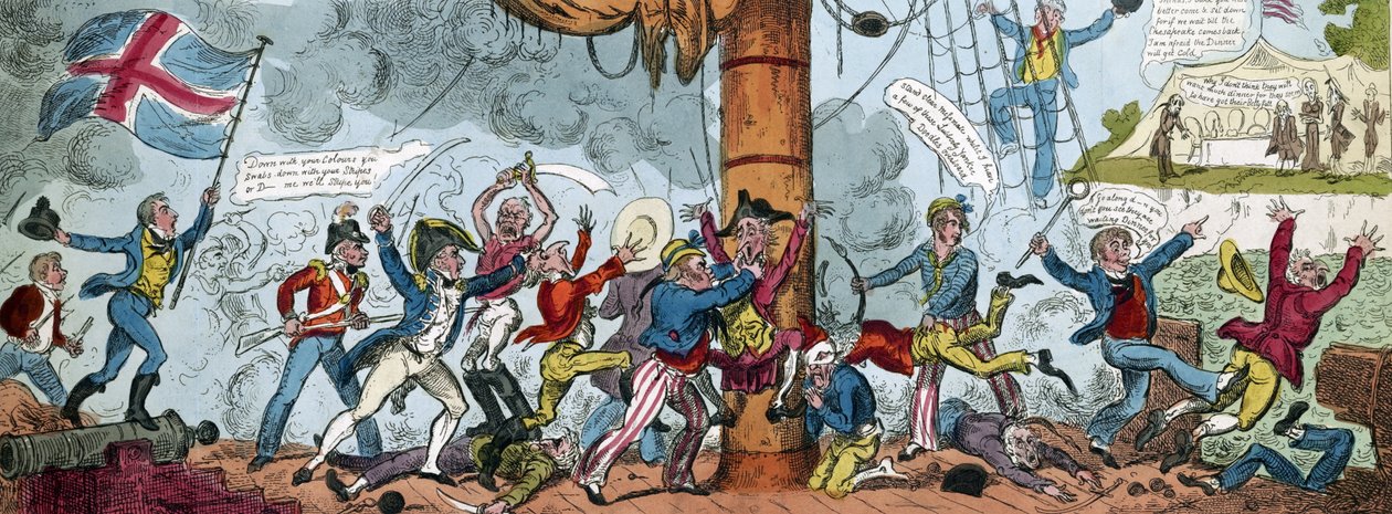 Karykatura przedstawiająca brytyjski abordaż, 1813 autorstwa George Cruikshank