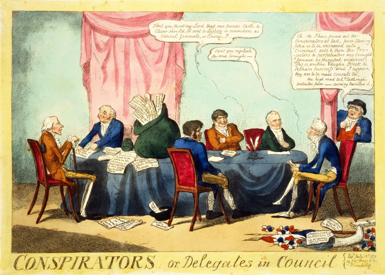 Spiskowcy lub delegaci w Radzie, 1817 (ręcznie kolorowane grawerowanie) autorstwa George Cruikshank