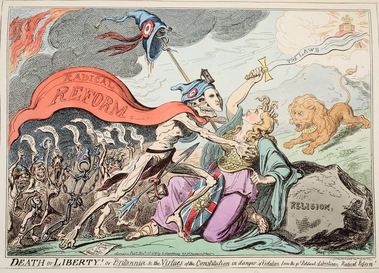 Śmierć albo wolność! Or Britannia und the Virtues of the Constitution in danger of Violation from the Great Political Libertine, Radical Reform!, pub. 1819 (akwaforta ręcznie kolorowana) autorstwa George Cruikshank