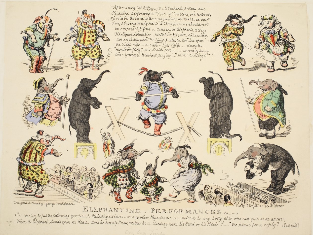 Elephantine Performances, wyd. ok. 1854 (akwaforta ręcznie kolorowana) autorstwa George Cruikshank