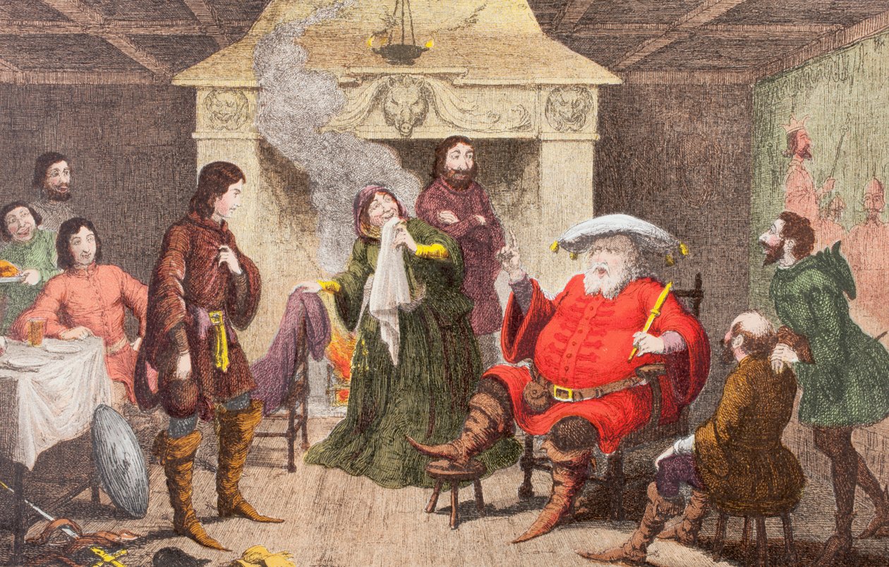 Falstaff odgrywa rolę króla w Henryku IV, część I, akt II, scena IV, z „Ilustrowanej Biblioteki Szekspir”, wydanej w Londynie 1890 autorstwa George Cruikshank
