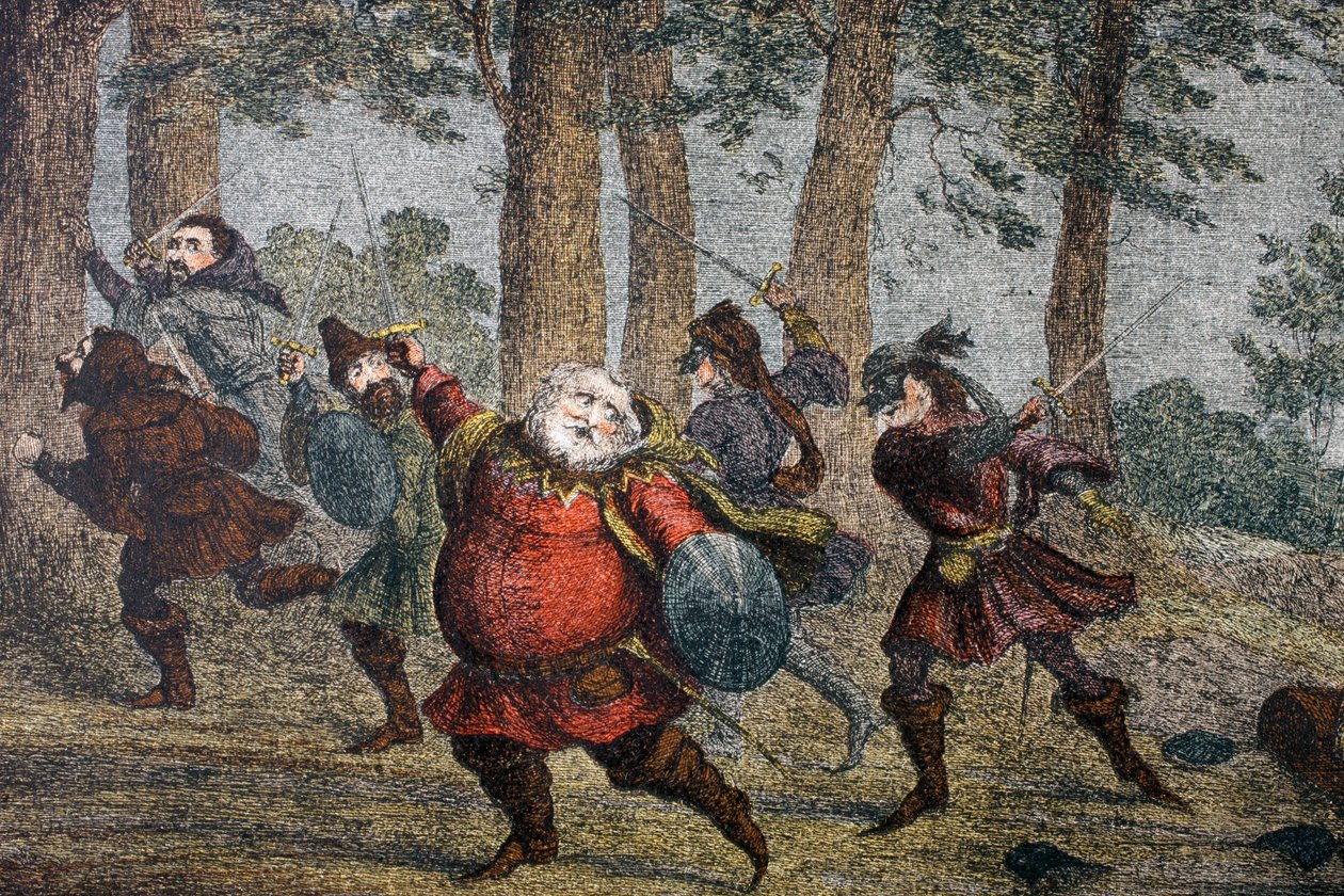 „Falstaff poci się na śmierć i smaży chudą ziemię, gdy idzie”, 1890 autorstwa George Cruikshank