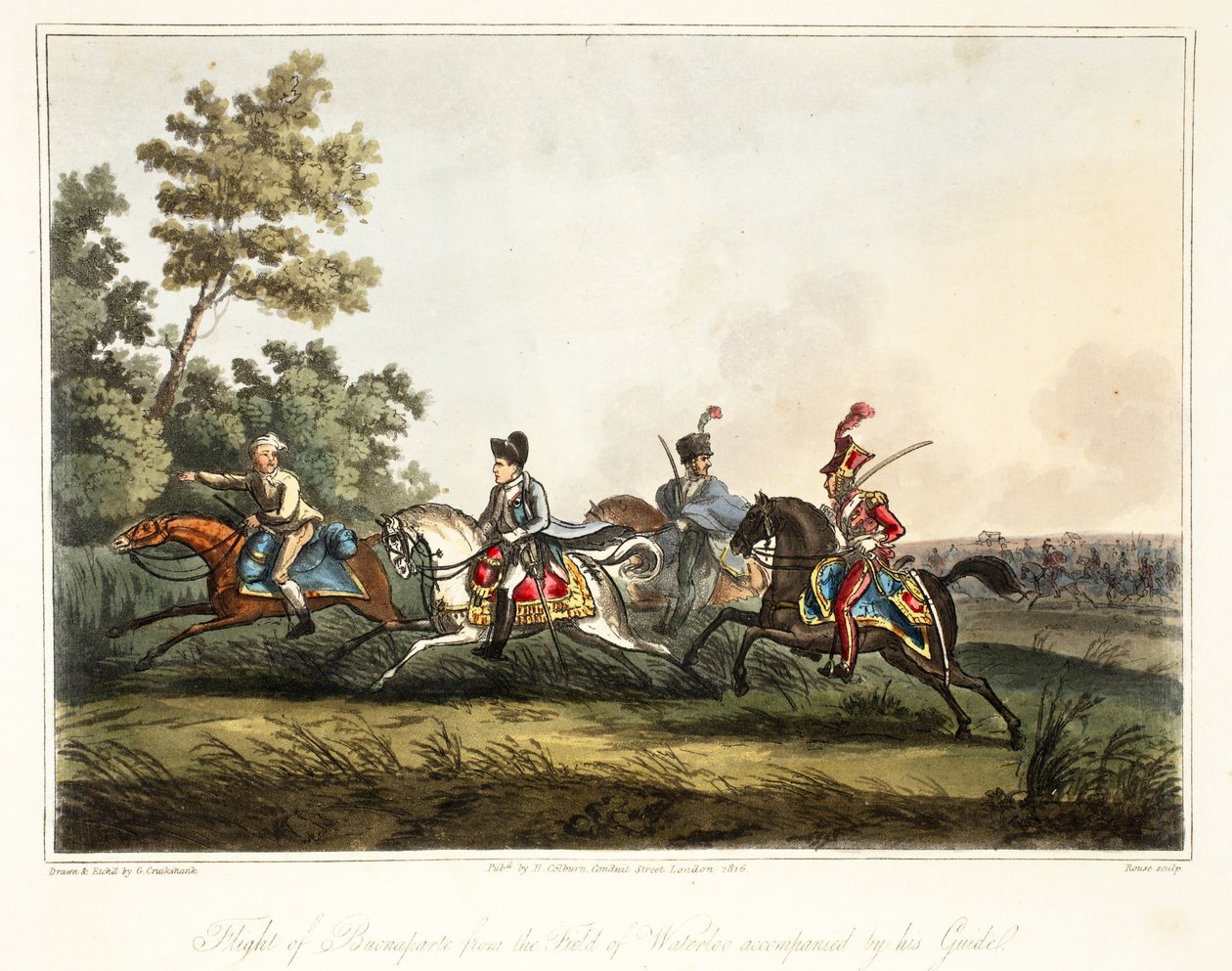 Ucieczka Buonaparte z pola Waterloo w towarzystwie swojego przewodnika, engr Rouse, pub H. Colburn, 1816 autorstwa George Cruikshank
