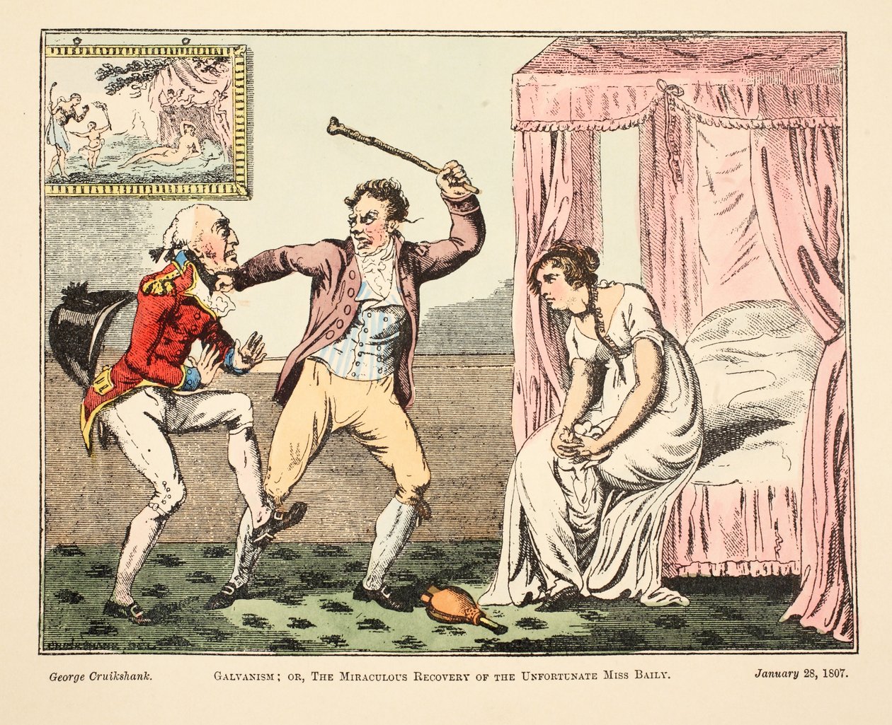 Galwanizm; albo cudowne ozdrowienie nieszczęsnej panny Baily, pub. 1807 (rycina ręcznie kolorowana) autorstwa George Cruikshank