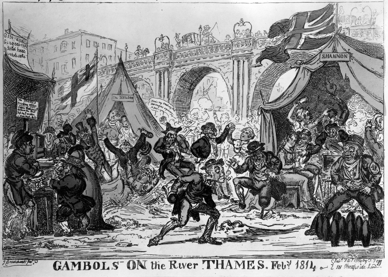 Gambols nad Tamizą, 1814 (akwaforta ręcznie kolorowana) autorstwa George Cruikshank