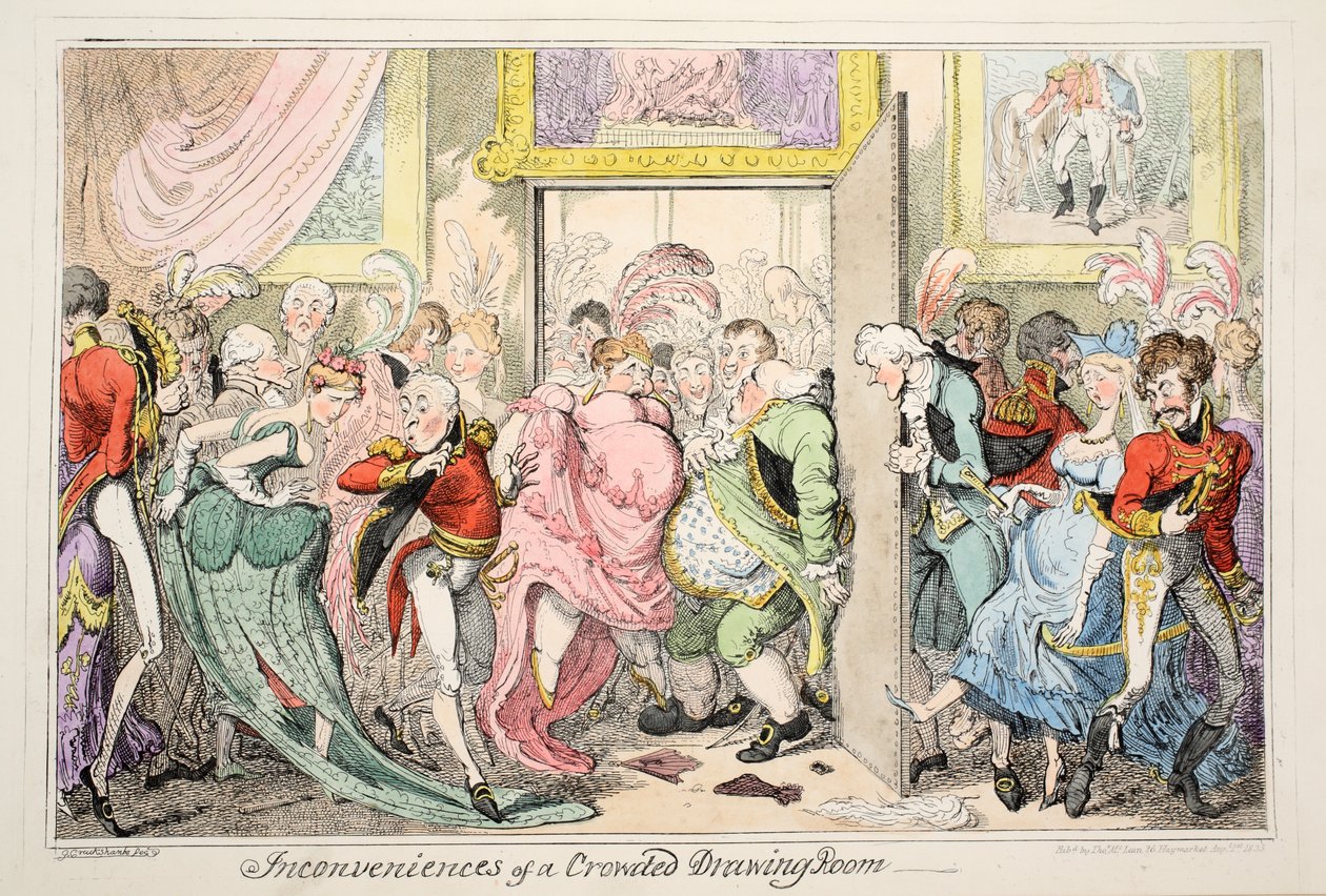 Niedogodności Zatłoczonego Salonu, wyd. 1835 (akwaforta ręczna) autorstwa George Cruikshank