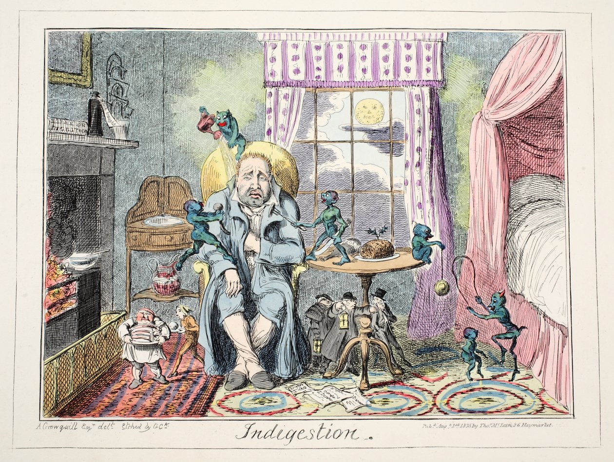 Niestrawność, 1835 (ręcznie barwiony grawerunek) autorstwa George Cruikshank