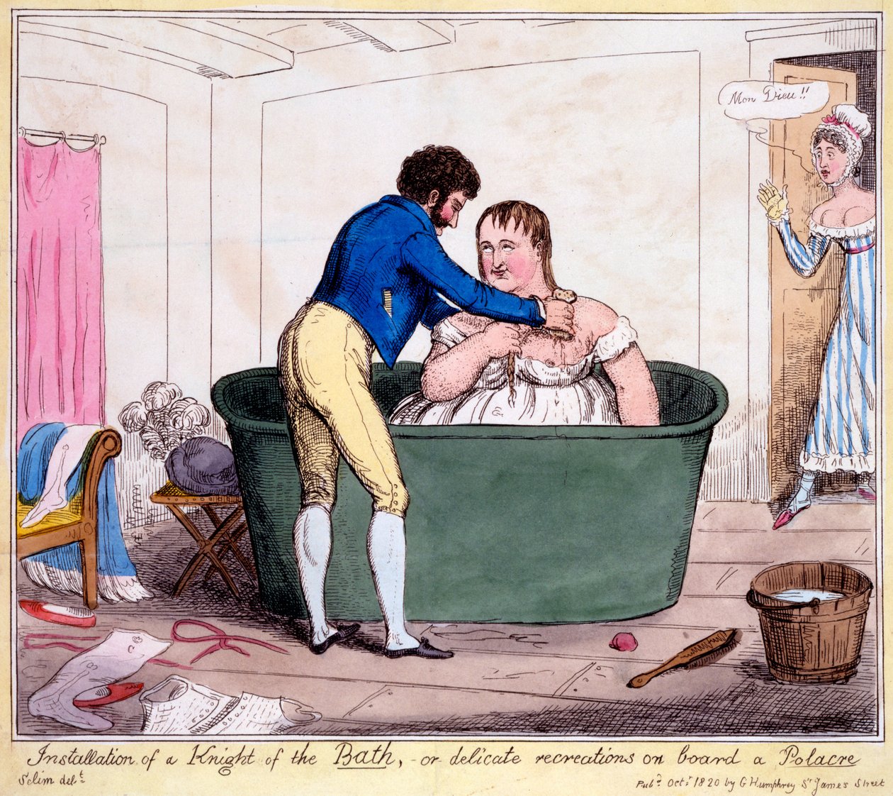 Instalacja Rycerza Łaźni, czyli delikatne rekonstrukcje na pokładzie Polacre, 1820 (ręcznie barwiony grawerunek) autorstwa George Cruikshank