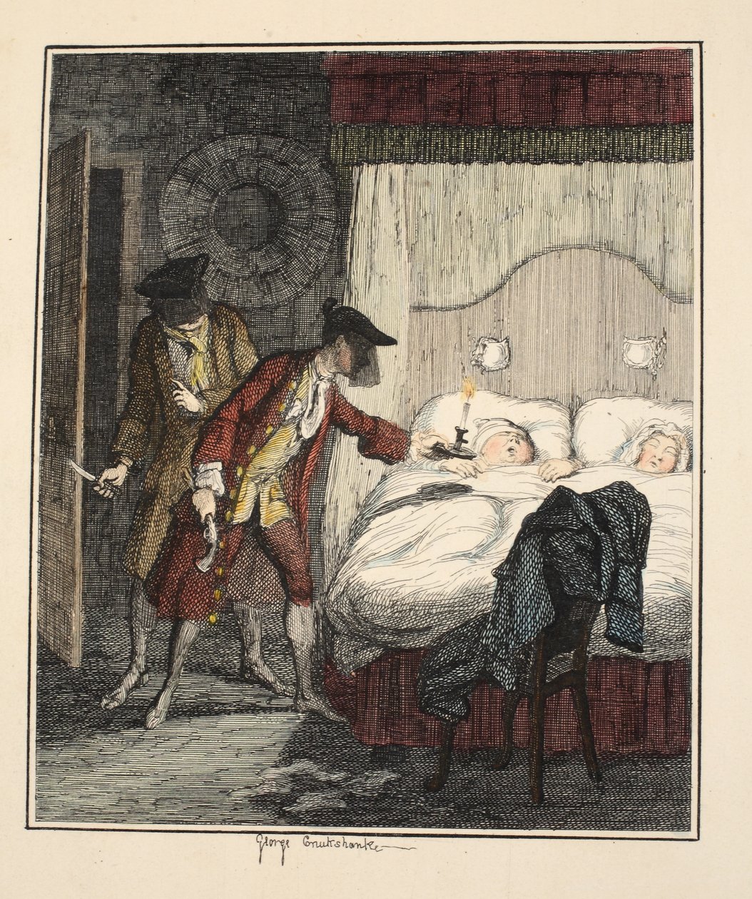 Jack Sheppard i Blueskin w sypialni pana Woodsa, ilustracja z książki Jack Sheppard: A Romance autorstwa Williama Harrisona Ainswortha, opublikowanej w 1839 r. (akwaforta ręcznie kolorowana) autorstwa George Cruikshank