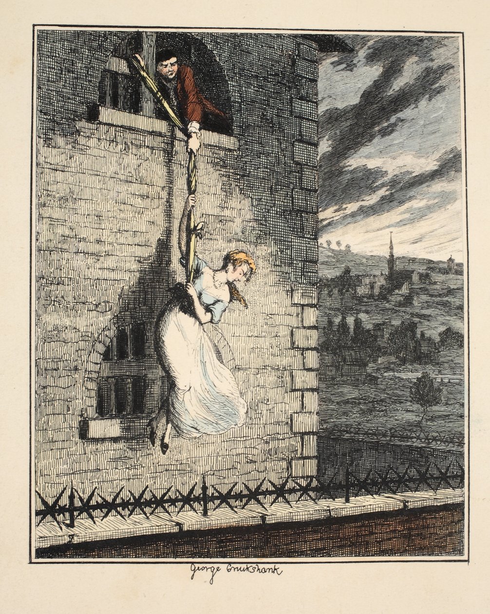 Jack Sheppard w towarzystwie Edgewortha Bessa, uciekający z więzienia Clerkenwell, ilustracja z książki Jack Sheppard: A Romance autorstwa Williama Harrisona Ainswortha, opublikowana w 1839 r. (akwaforta ręcznie kolorowana) autorstwa George Cruikshank