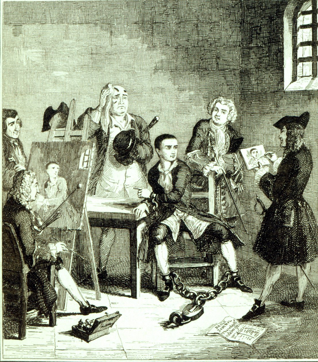 Jack w Newgate Ward z portretami wykonanymi przez Sir Jamesa Thornhilla i Williama Hogartha, ilustracja z 