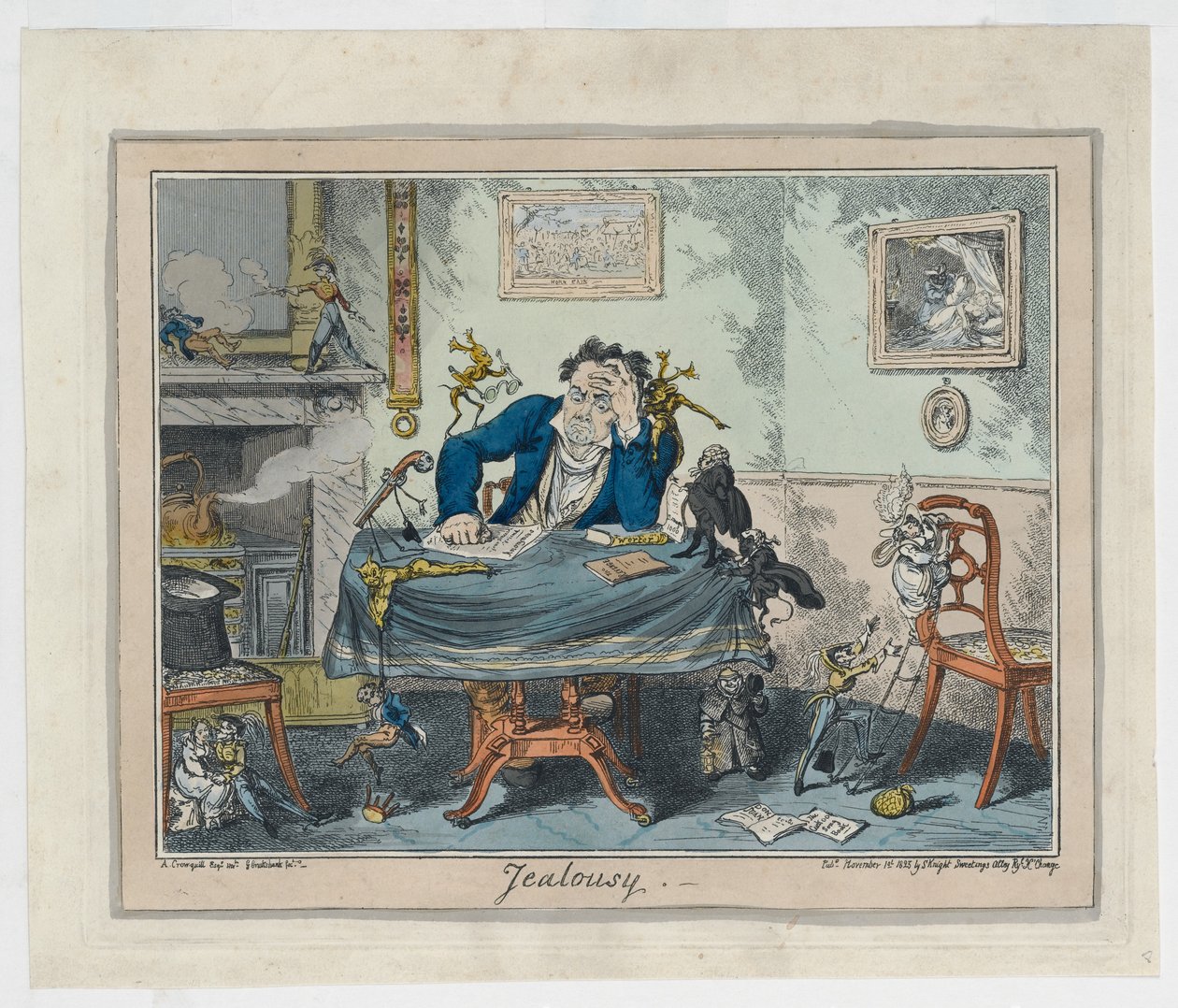 Zazdrość, 1825 (ręcznie barwiony grawerunek) autorstwa George Cruikshank