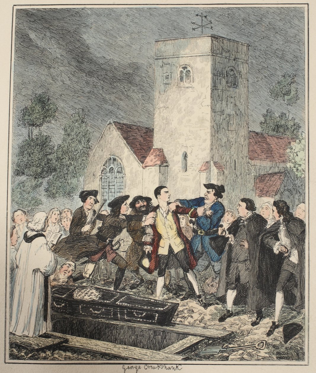 Jonathan Wild chwytający Jacka na pogrzebie swojej matki w Willesden Churchyard, ilustracja z książki Jack Sheppard: A Romance autorstwa Williama Harrisona Ainswortha, opublikowana w 1839 r. (ręcznie kolorowana akwaforta) autorstwa George Cruikshank