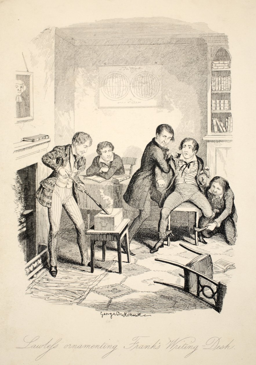 Lawleys ozdabiający biurko Franka, z książki Frank Fairlegh lub Sceny z życia prywatnego ucznia, wyd. ok. 1870 autorstwa George Cruikshank