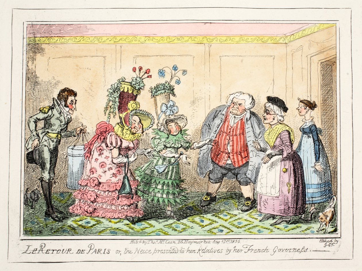 Le Retour de Paris, czyli siostrzenica podarowana swoim bliskim przez jej francuską guwernantkę, wyd. 1835 (akwaforta ręczna) autorstwa George Cruikshank
