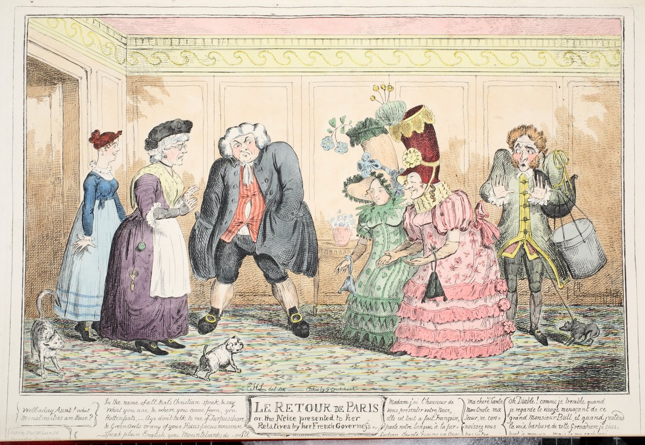 Le Retour de Paris, czyli siostrzenica podarowana swoim bliskim przez jej francuską guwernantkę, 1816 (ręcznie barwiony grawerunek) autorstwa George Cruikshank