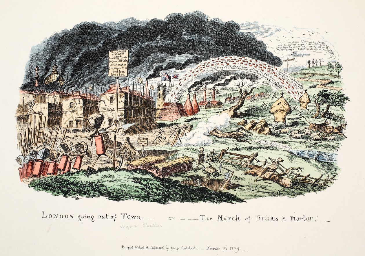 Londyn Going out of Town lub „Marsz cegieł i zaprawy”, 1829 (ręcznie barwiony grawerunek) autorstwa George Cruikshank