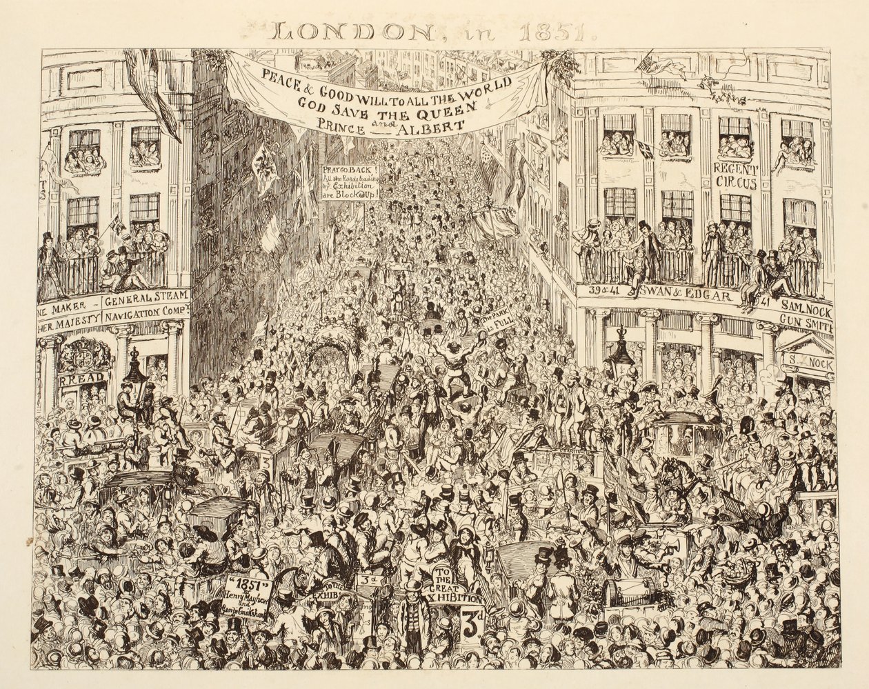 Londyn w 1851 r., od 1851 r. lub Przygody pana i pani Sandboys i rodziny, którzy przyjechali do Londynu, aby dobrze się bawić i zobaczyć Wielką Wystawę, pub. 1851 autorstwa George Cruikshank