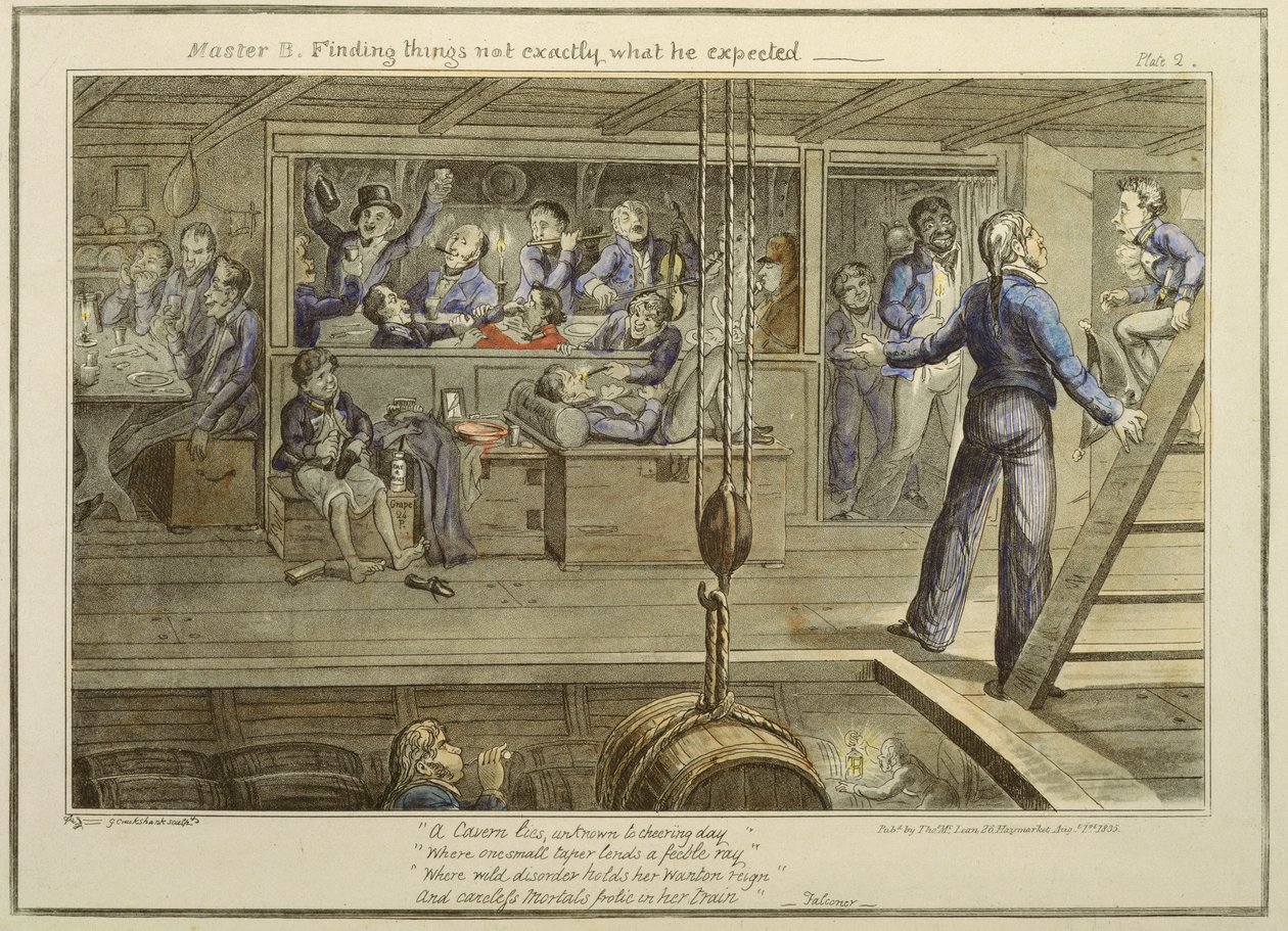 Mistrz B znajduje rzeczy, które nie są dokładnie takie, jakich się spodziewał, z „Postępu kadego”, opublikowanego przez Thomasa McLeana, 1 sierpnia 1835 (kolorowa akwatinta) autorstwa George Cruikshank