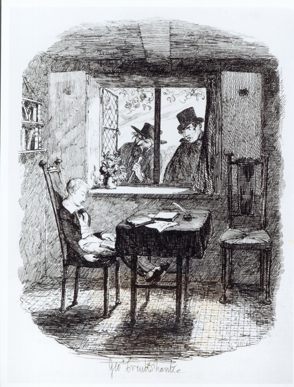 Mnisi i Żyd odkrywają Olivera, ilustracja z „Oliver Twist” Charlesa Dickensa, 1838 autorstwa George Cruikshank
