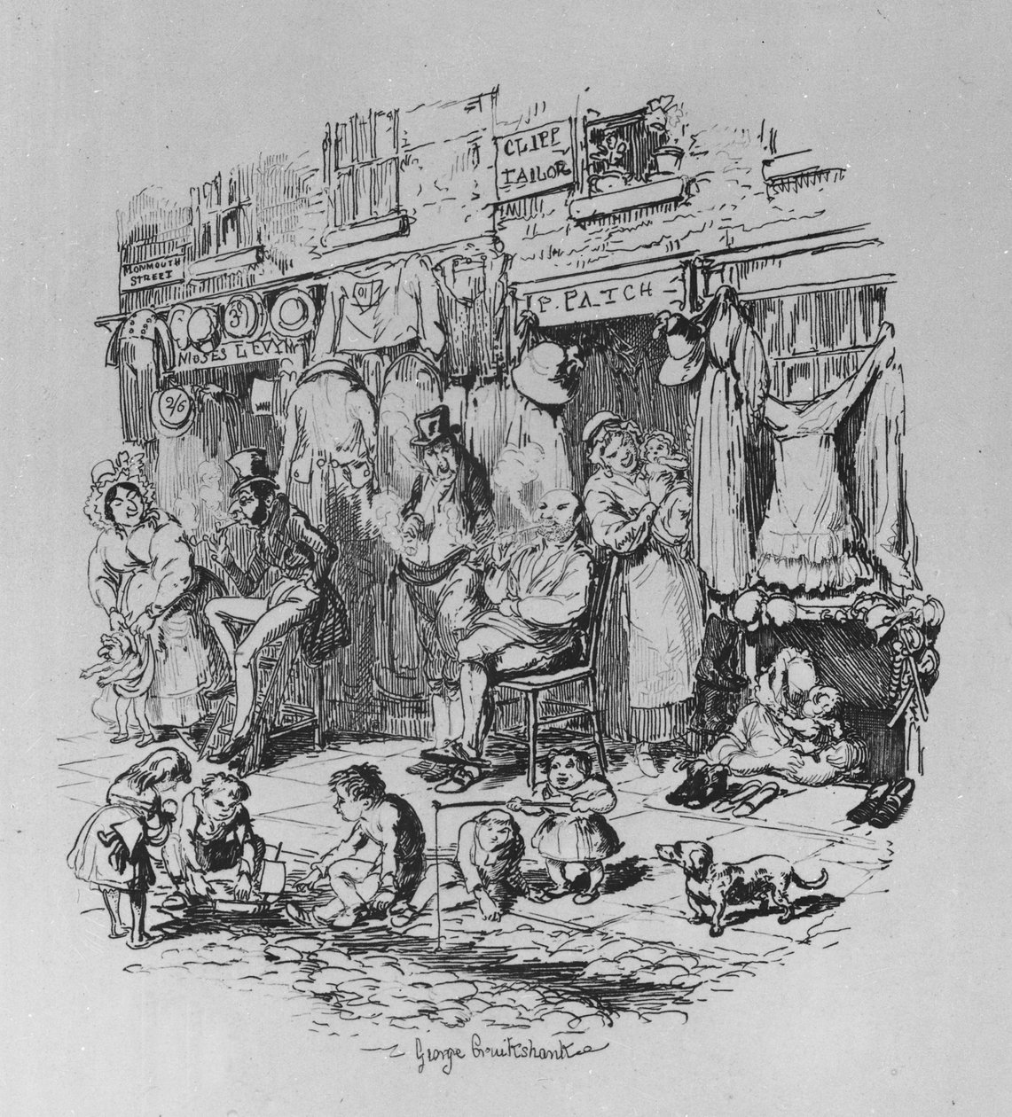 Monmouth Street, ilustracja z „Sketches by Boz” Charlesa Dickensa, 1836 autorstwa George Cruikshank