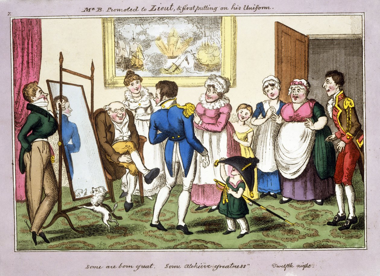 Pan B. awansował na porucznika. und pierwsze założenie munduru, 1835 (akwatinta ręcznie kolorowana) autorstwa George Cruikshank