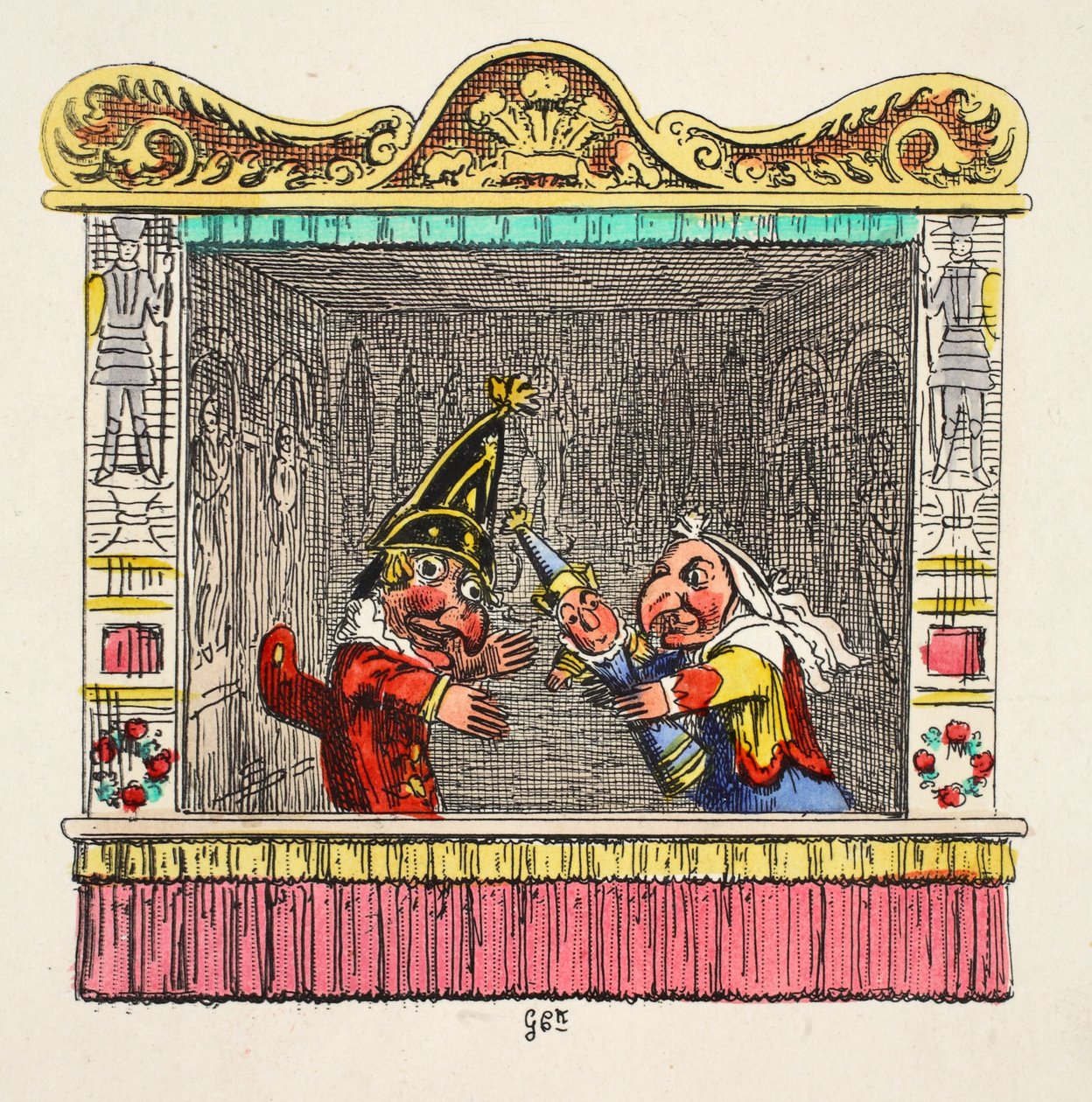 Punch and Judy z dzieckiem z „Punch and Judy”, wyd. 1827 (grawerowanie ręcznie kolorowane) autorstwa George Cruikshank
