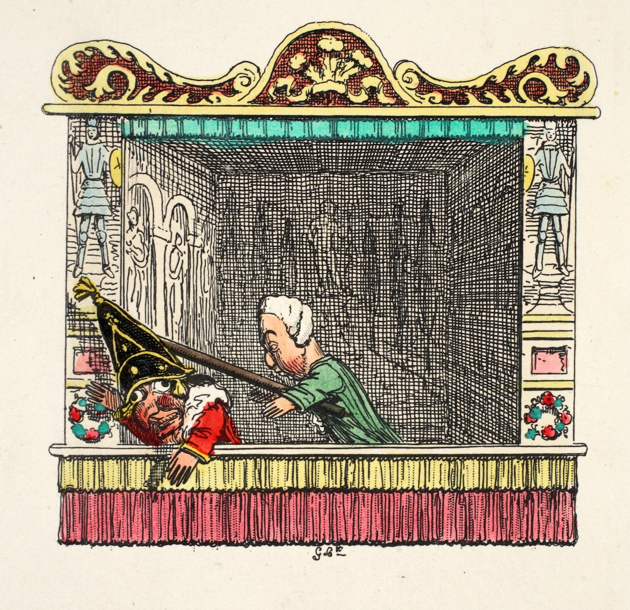 Cios uderzony od tyłu przez Doktora z pubu „Punch and Judy”. 1827 (grawerowanie ręcznie kolorowane) autorstwa George Cruikshank