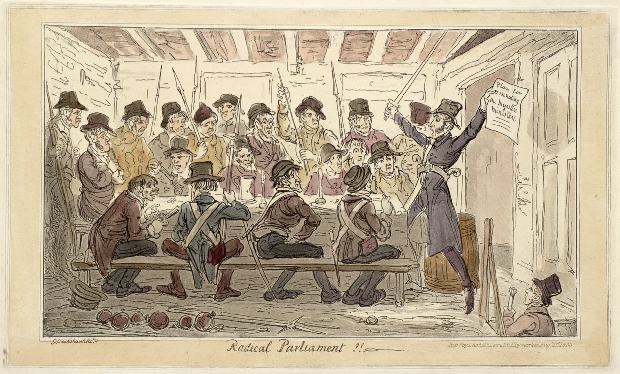 „Radykalny Parlament !!” lub „Plan zabójstwa ministrów Jego Królewskiej Mości” autorstwa George Cruikshank