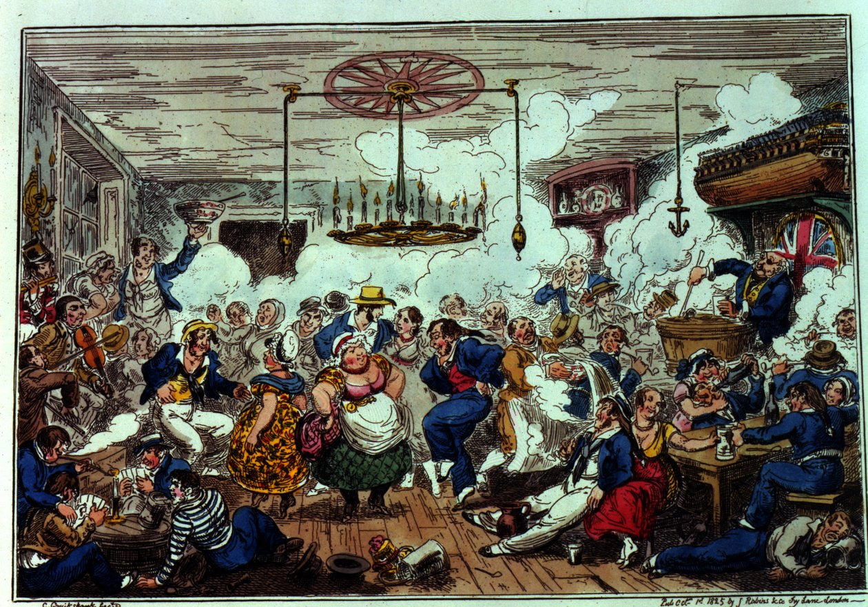 Sailors Carousing, or a peep in the long room, opublikowane przez James Robins und Co., 1 października 1825 (akwaforta kolorowa) autorstwa George Cruikshank