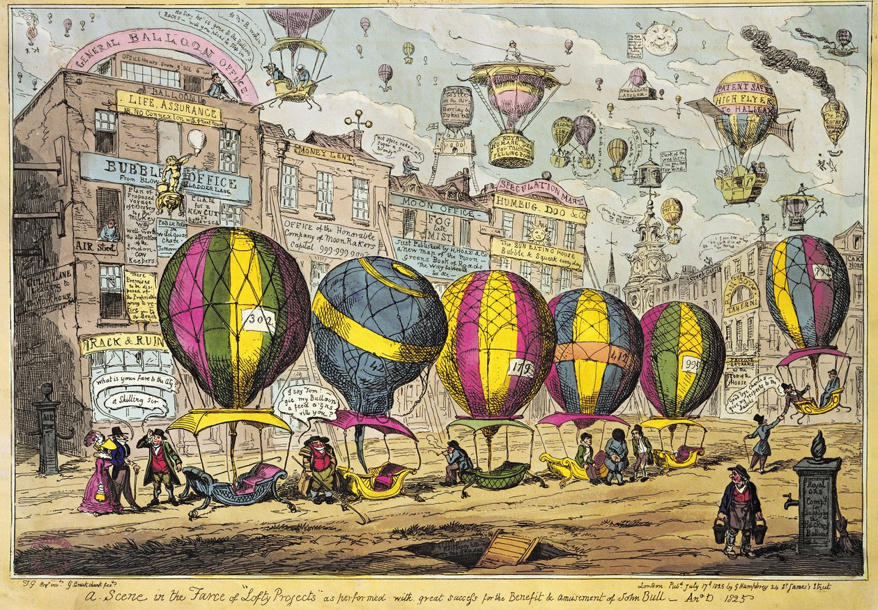 Scena z farsy „Lofty Prospects” wykonana z wielkim sukcesem na cześć i zabawę Johna Bulla, 1825 (akwaforta kolorowa) autorstwa George Cruikshank