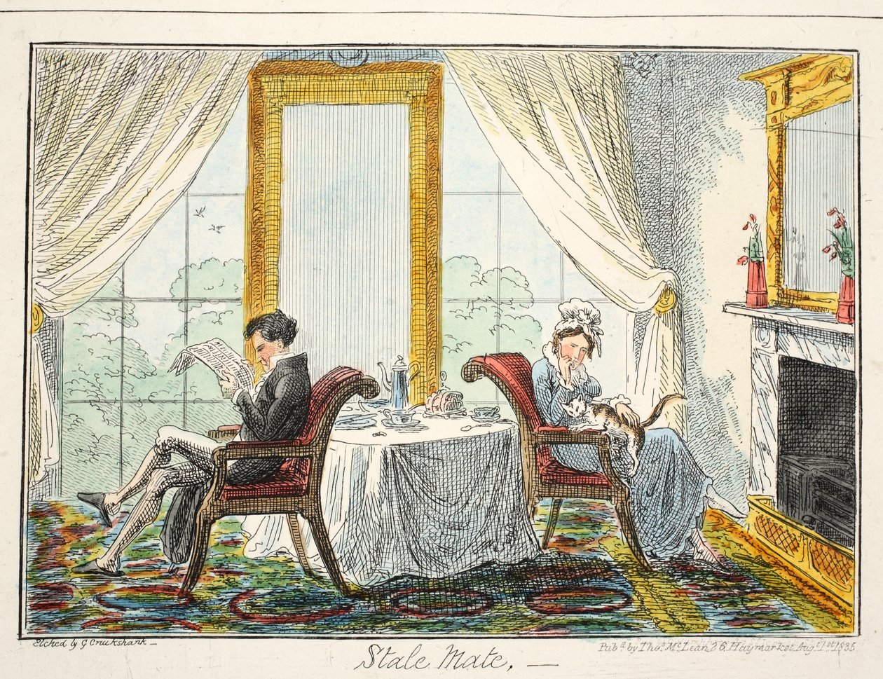Stale pali się, wyd. 1835 (akwaforta ręcznie kolorowana) autorstwa George Cruikshank