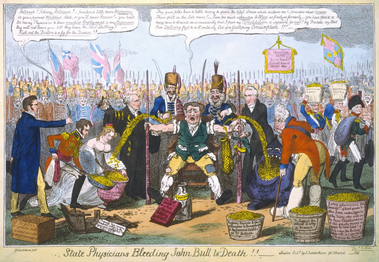 Lekarze państwowi wykrwawiają Johna Bulla na śmierć!!, 1816 (ręcznie barwiony grawerunek) autorstwa George Cruikshank