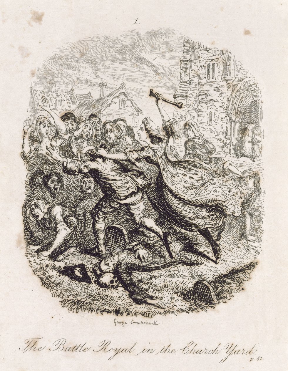 Royal Battle in the Church Yard, z „Tom Jones, historia podrzutka”, grawerowane przez artystę, ilustracja z „Dzieła Henry