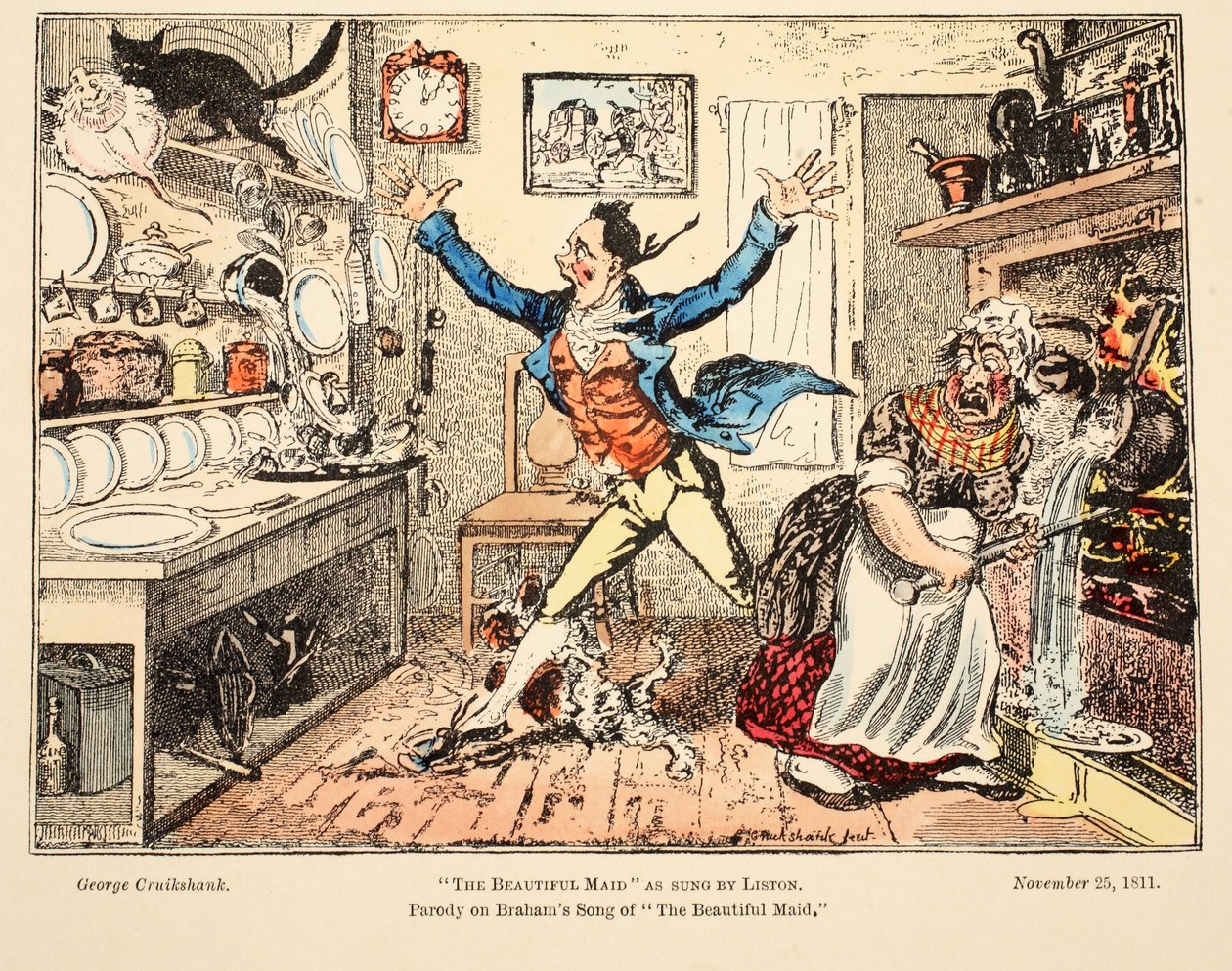 The Beautiful Maid śpiewana przez Liston, wyd. 1811 (ręcznie kolorowane grawerowanie) autorstwa George Cruikshank